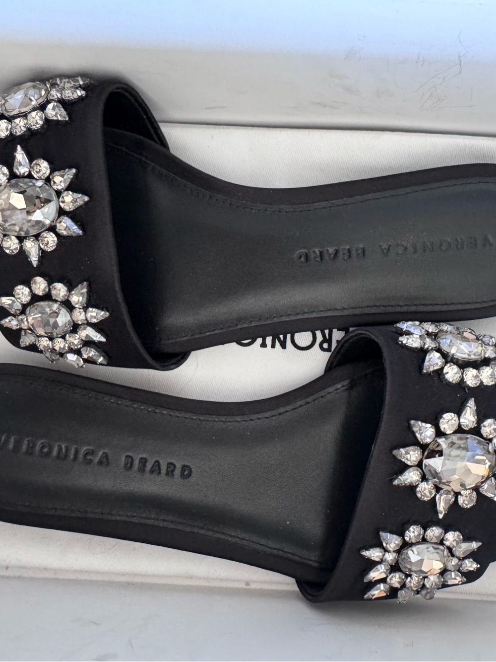 Veronica Beard Black Crystal-Embellished Slide Sandals